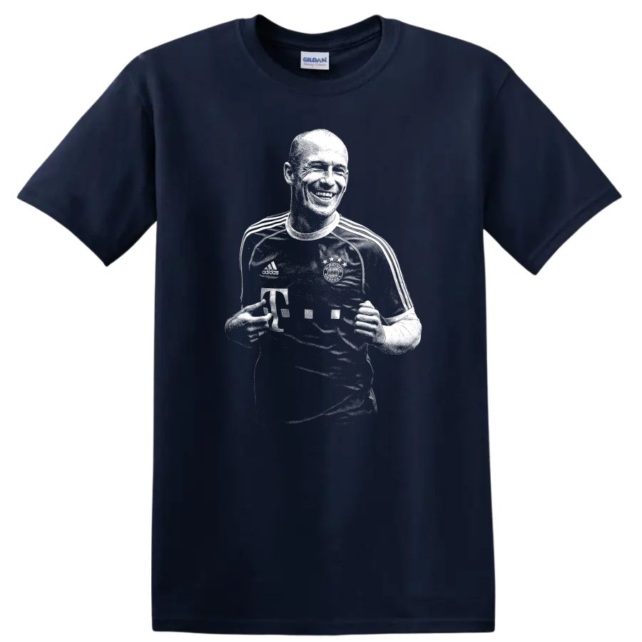 Black and white retro soccer portrait of Arjen Robben on a T - Navy (Blue)