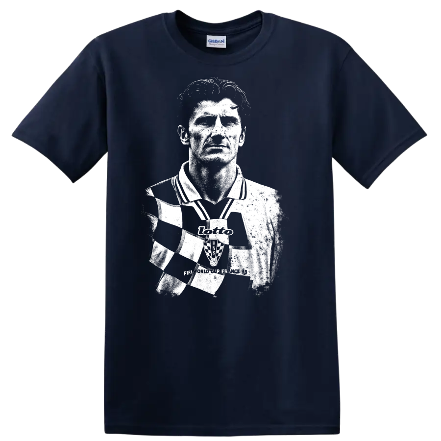 High-contrast retro soccer portrait of Davor Šuker graphic T - Navy (Blue)