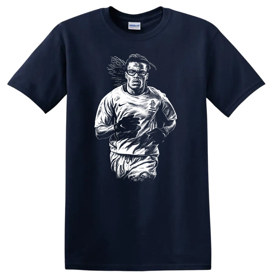 High-contrast retro soccer portrait of Edgar Davids inspired legend style T - Navy (Blue)