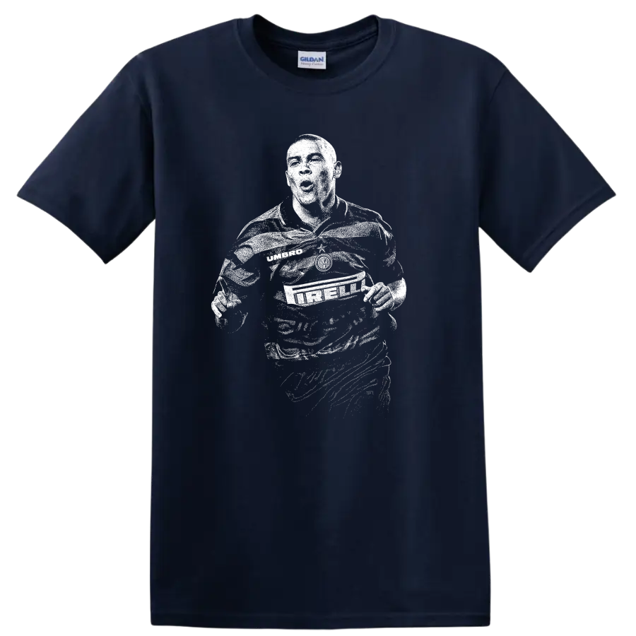 Retro soccer legend portrait of Ronaldo Nazário style graphic T - Navy (Blue)