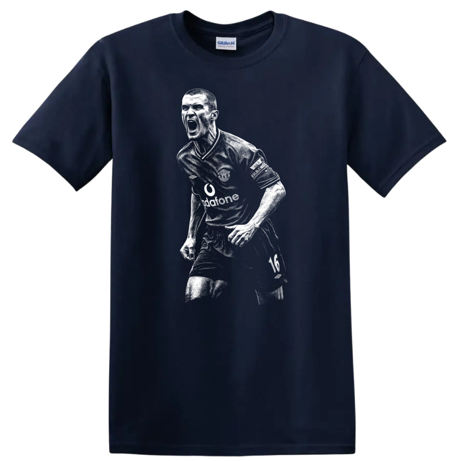 High-contrast retro soccer portrait of Roy Keane style T-shirt - Navy (Blue)