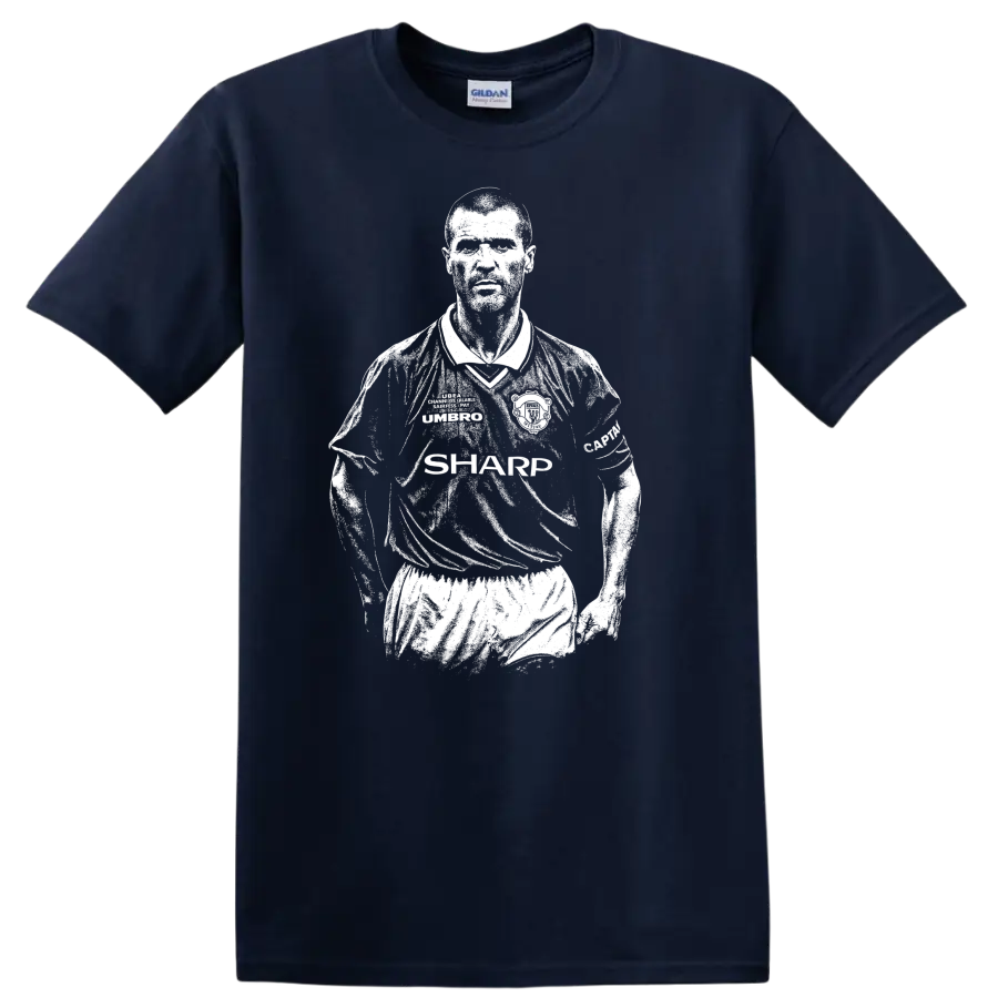 Black and white retro soccer portrait of Roy Keane style T - Navy (Blue)