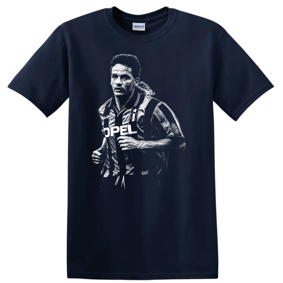 Black and white retro soccer portrait of Roberto Baggio on a T - Navy (Blue)