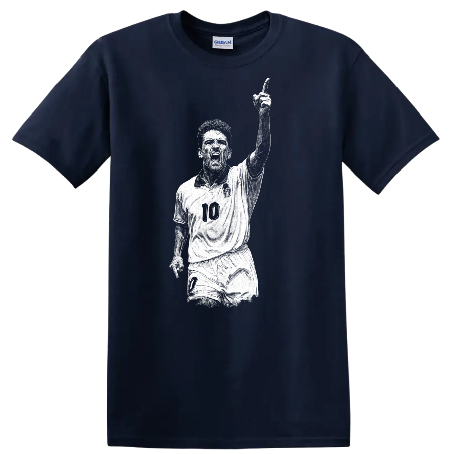Retro soccer legend portrait of Roberto Baggio in bold black and white T Shirt - Navy (Blue)