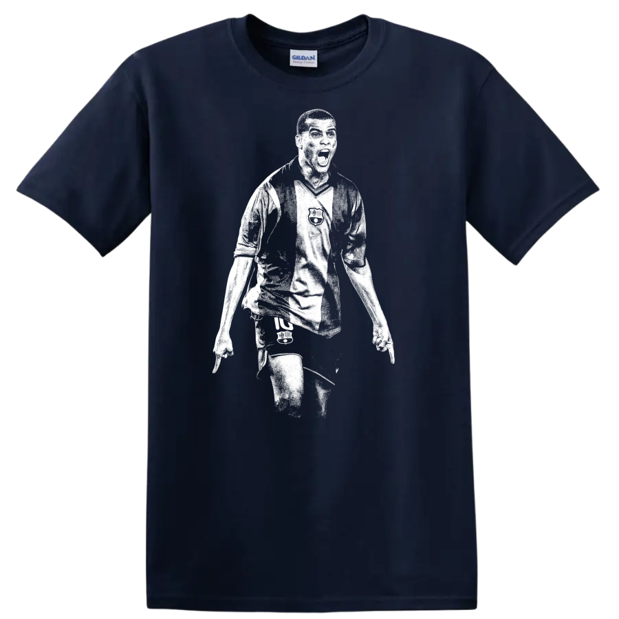 Black and white retro soccer portrait of Rivaldo style T - Navy (Blue)