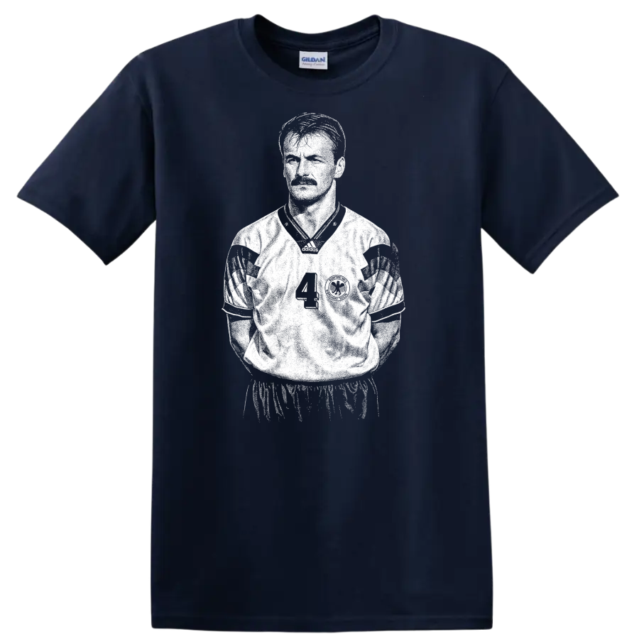 Retro soccer legend portrait style graphic featuring Jürgen Kohler on a T - Navy (Blue)