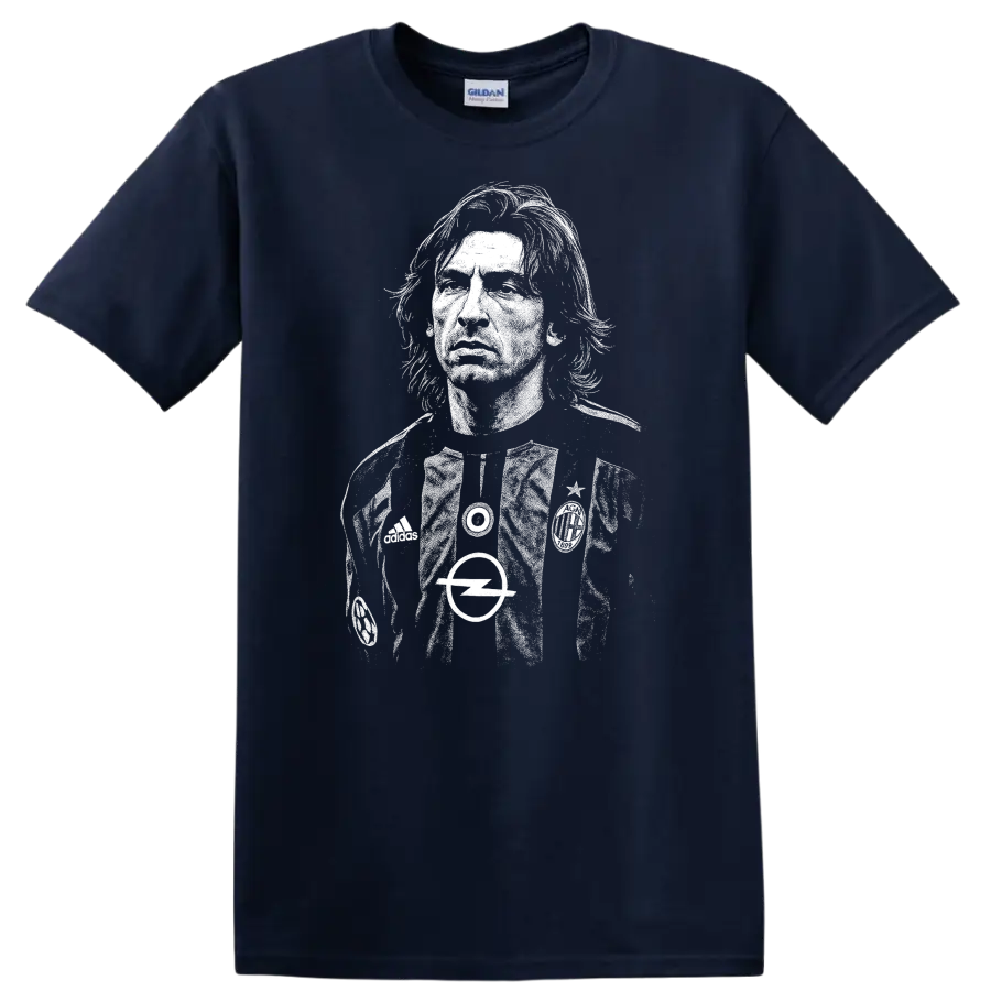 High-contrast retro Andrea Pirlo soccer portrait T Shirt - Navy (Blue)