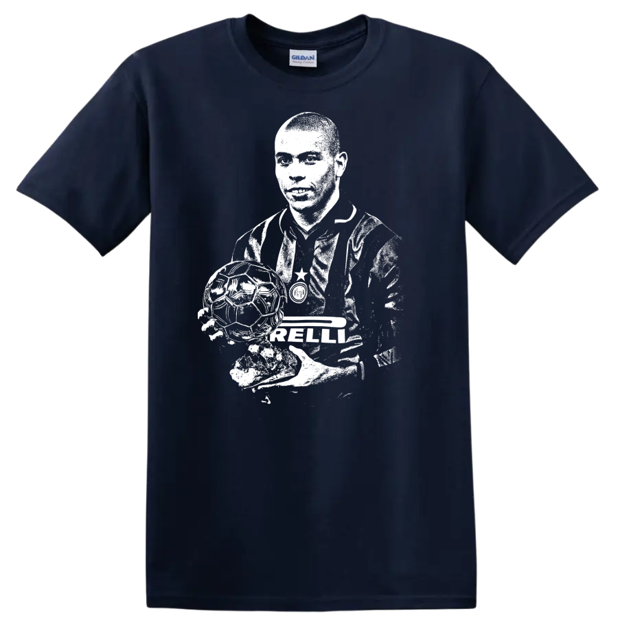 Retro soccer portrait graphic inspired by Ronaldo Nazário on a T - Navy (Blue)