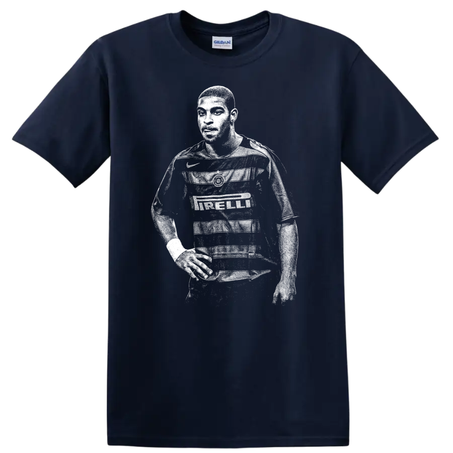 Retro soccer player portrait of Adriano Leite Ribeiro in black and white T shirt - Navy (Blue)