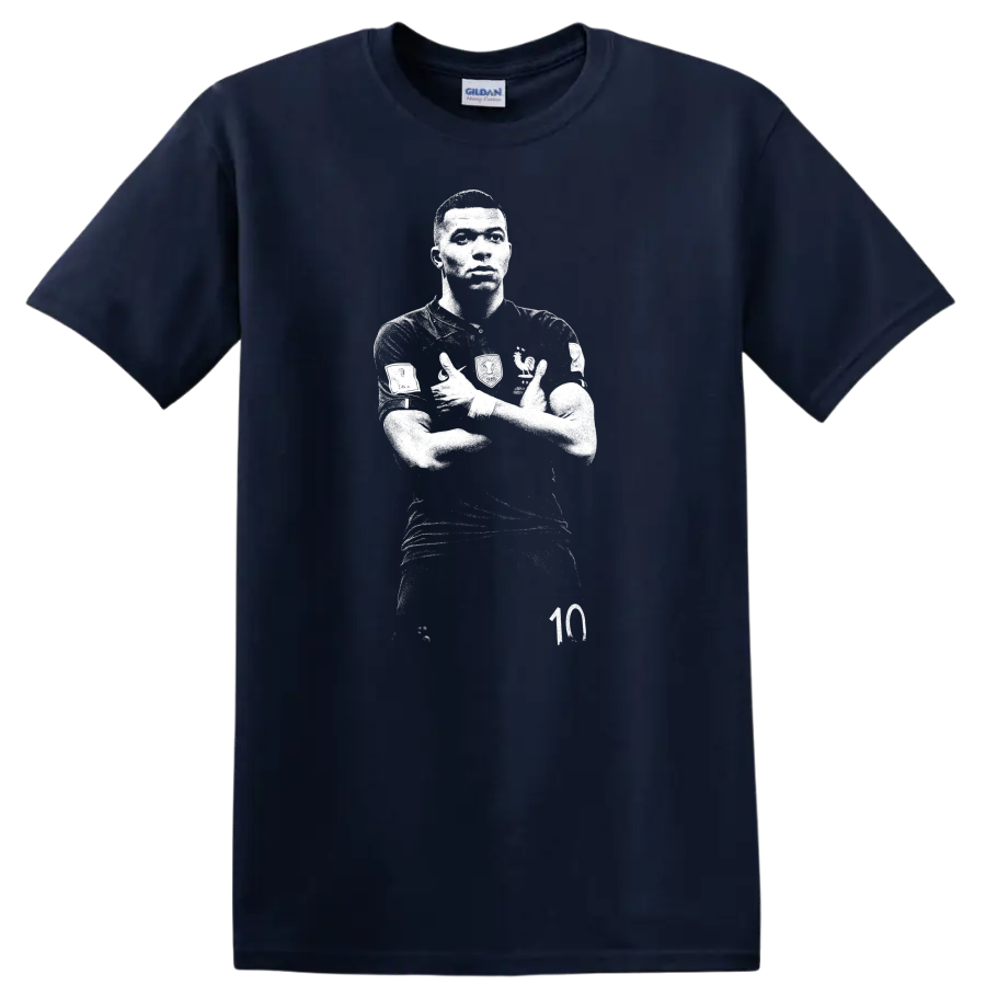 Retro soccer portrait style design inspired by Kylian Mbappé on a T - Navy (Blue)