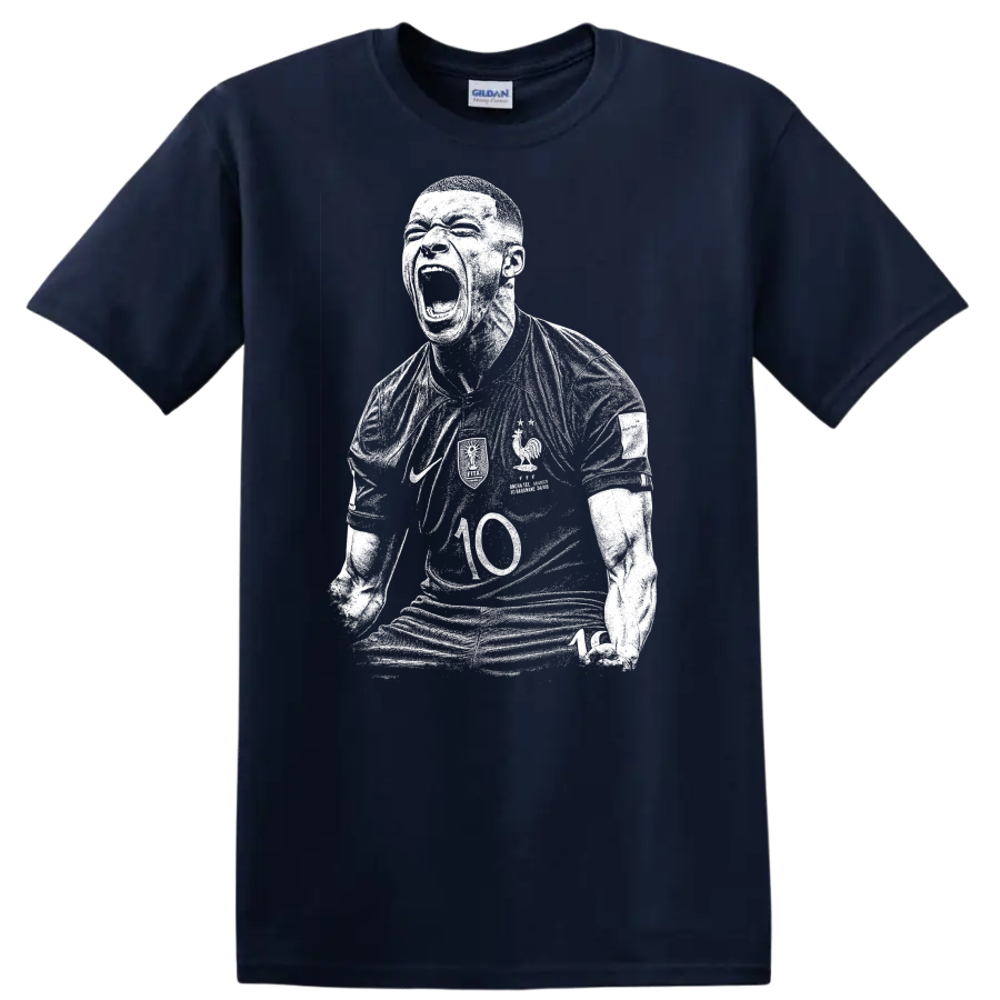 Black and white retro soccer portrait style Kylian Mbappe T Shirt - Navy (Blue)