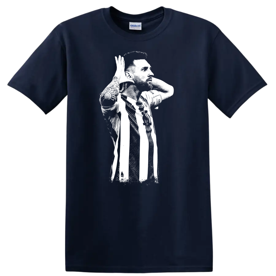 High-contrast retro soccer portrait of Lionel Messi style graphic - Navy (Blue)