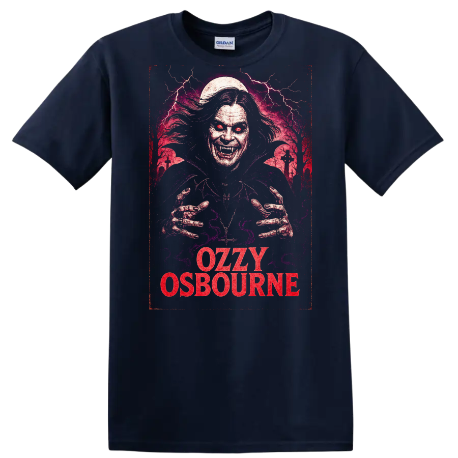 Ozzy Osbourne Retro Heavy Metal Horror Art T Shirt - Navy (Blue)