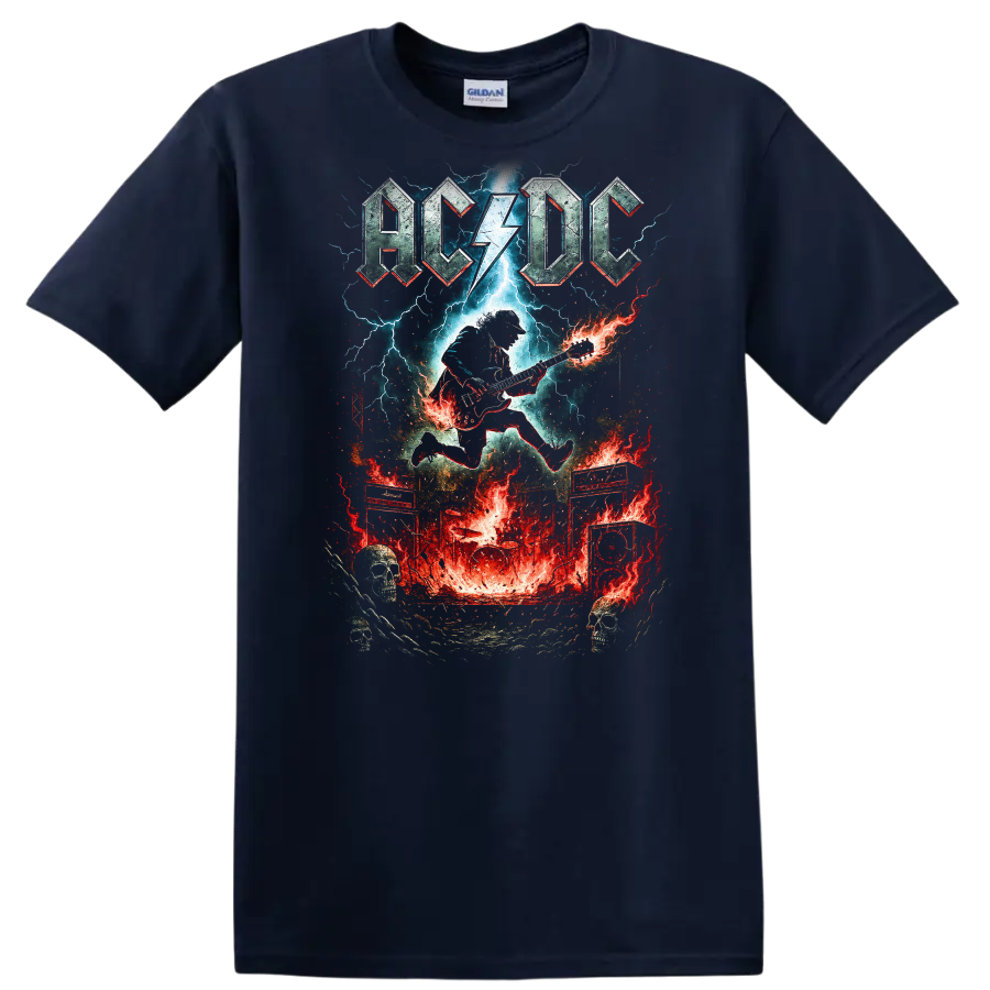AC DC Retro Rock Lightning Guitar Heavy Metal T Shirt - Navy (Blue)