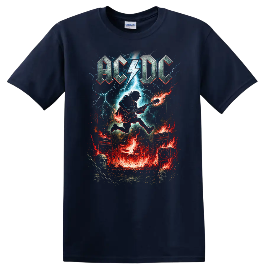 AC DC Retro Rock Lightning Guitar Heavy Metal T Shirt on a Navy (Blue) T Shirt