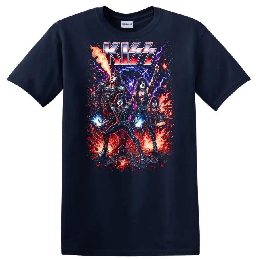 KISS Retro Heavy Metal Rock Band Album Cover Legend Style T Shirt - Navy (Blue)