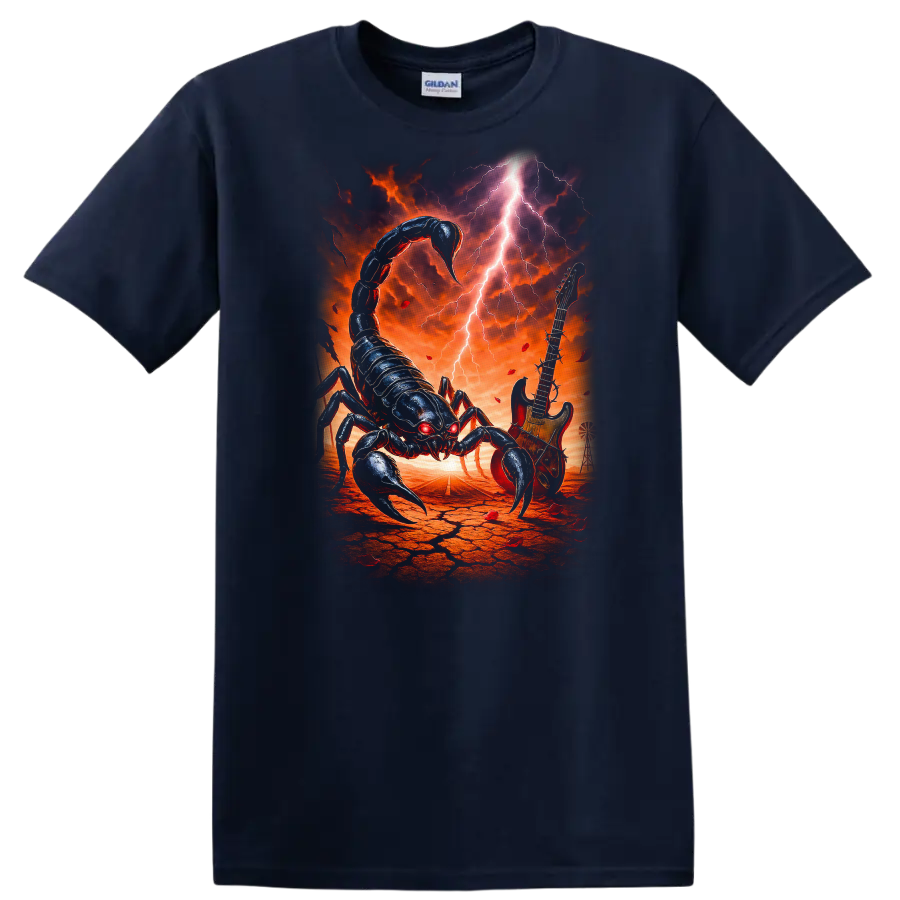 Heavy Metal Scorpion Guitar Retro Rock Band Album Art T Shirt - Navy (Blue)