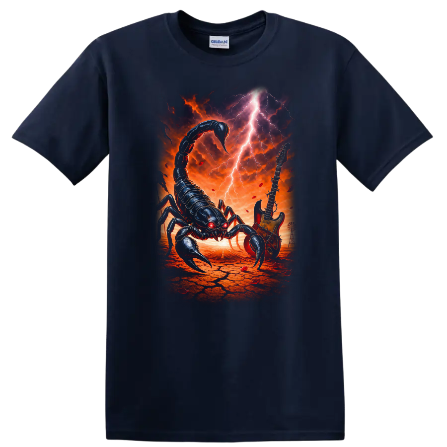 Vintage classic rock scorpion graphic T shirt design on a Navy (Blue) T Shirt