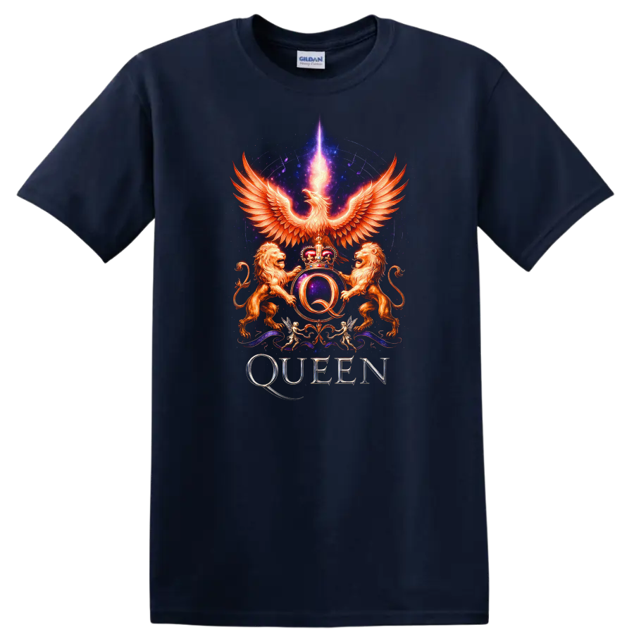Retro Rock Queen Phoenix Crest Heavy Metal Band Style T Shirt - Navy (Blue)