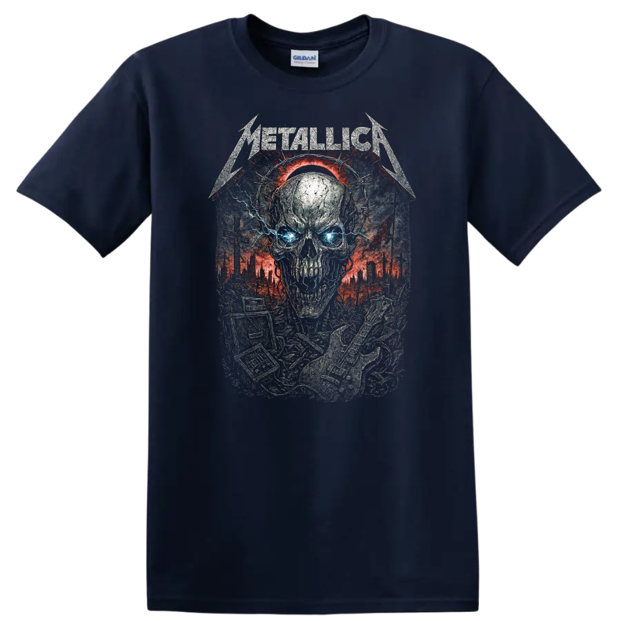 Metallica Skull Heavy Metal Album Art Graphic T Shirt - Navy (Blue)