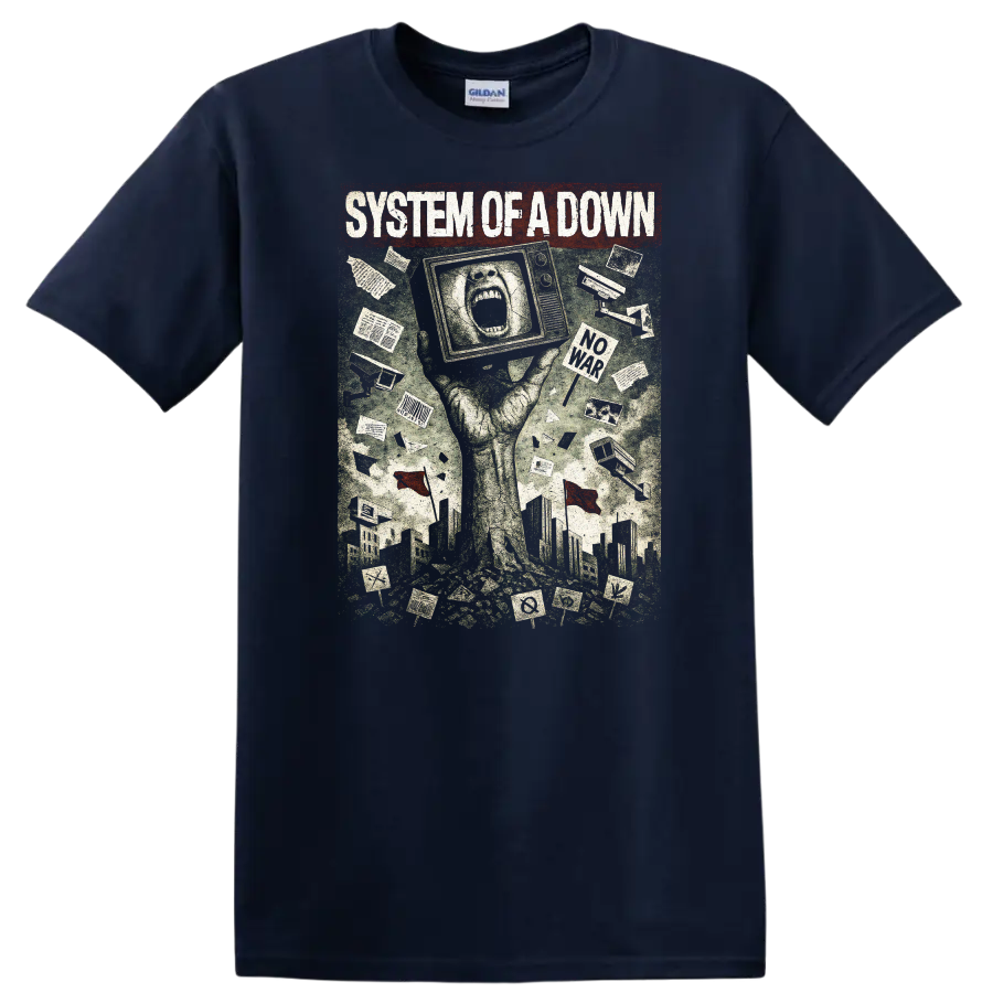 System of a Down Retro Heavy Metal Album Cover T Shirt - Navy (Blue)