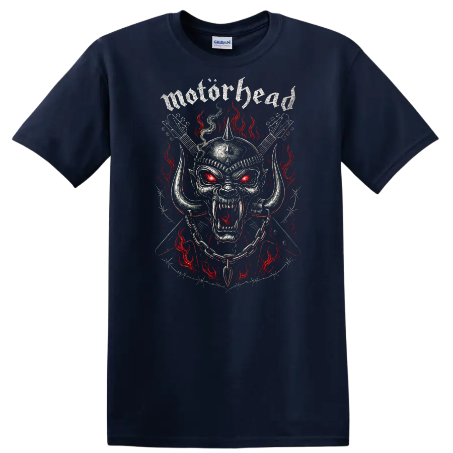 Motörhead Heavy Metal Skull Flames Retro Band Style T Shirt - Navy (Blue)