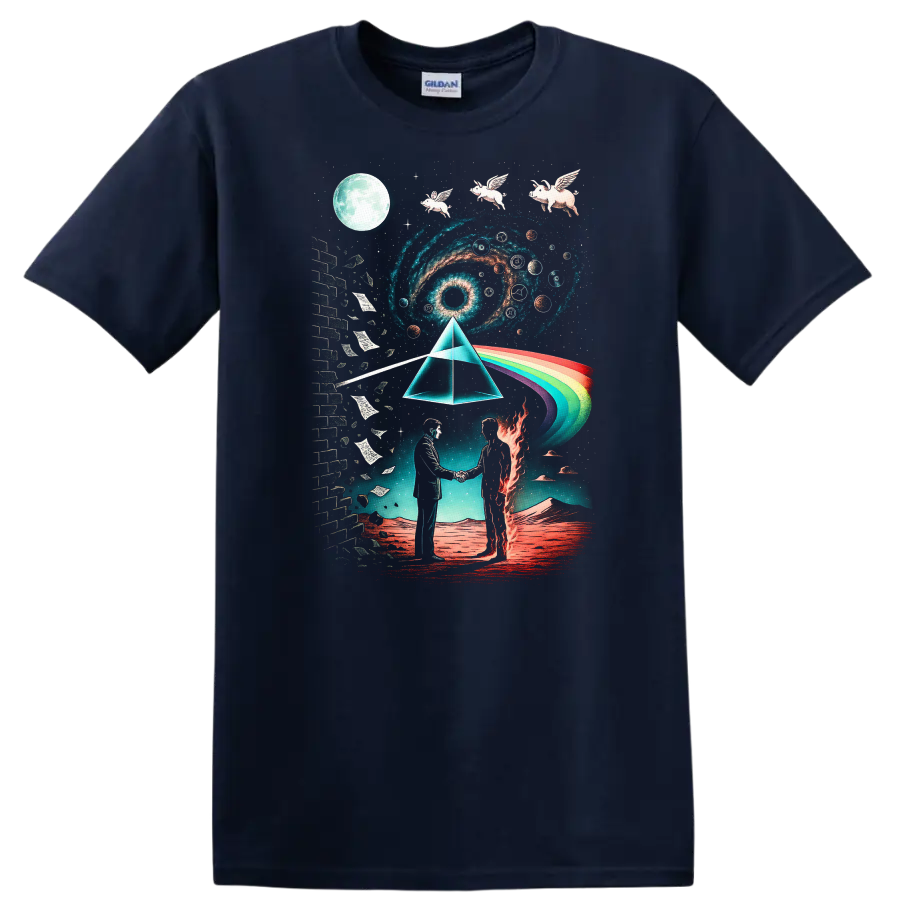 Vintage Pink Floyd inspired T Shirt with cosmic art and rainbow design on a Navy (Blue) T Shirt