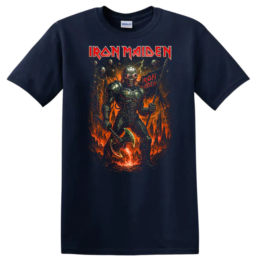 Iron Maiden Retro Heavy Metal Album Cover Style T Shirt - Navy (Blue)