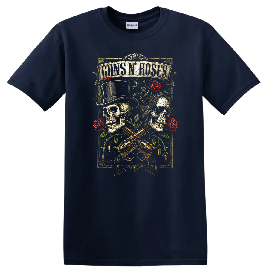Guns N’ Roses Retro Heavy Metal Skull Roses T Shirt - Navy (Blue)