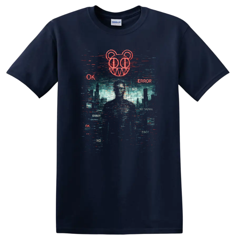 Retro Glitch Heavy Metal Album Cover Style T Shirt - Navy (Blue)