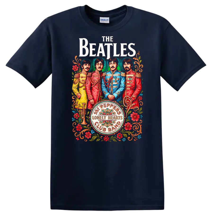 The Beatles Sgt. Pepper Inspired Retro Rock Legend T Shirt - Navy (Blue)
