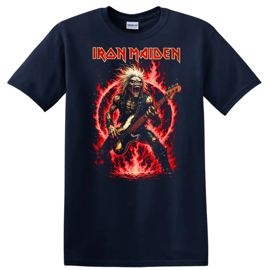 Iron Maiden Heavy Metal Album Cover Flame Bassist T Shirt - Navy (Blue)