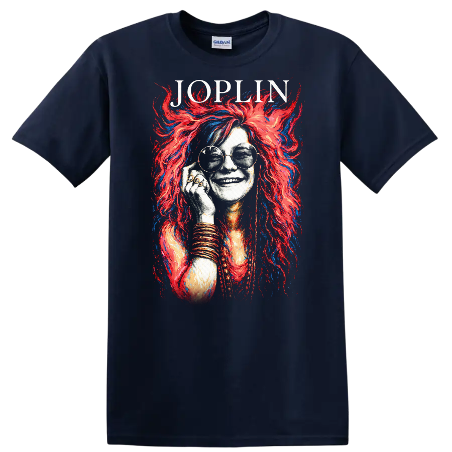 Joplin Retro Rock Heavy Metal Album Style Portrait T Shirt - Navy (Blue)