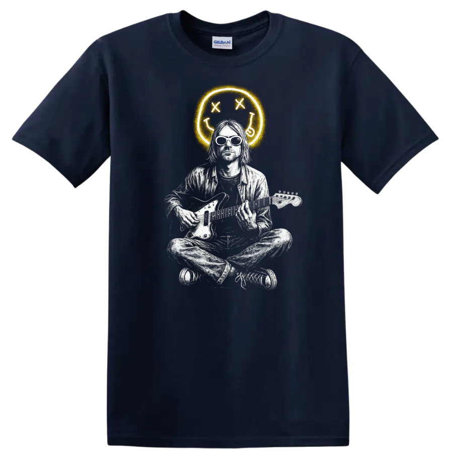 Retro Rock Heavy Metal Nirvana Style Guitar Player T Shirt - Navy (Blue)
