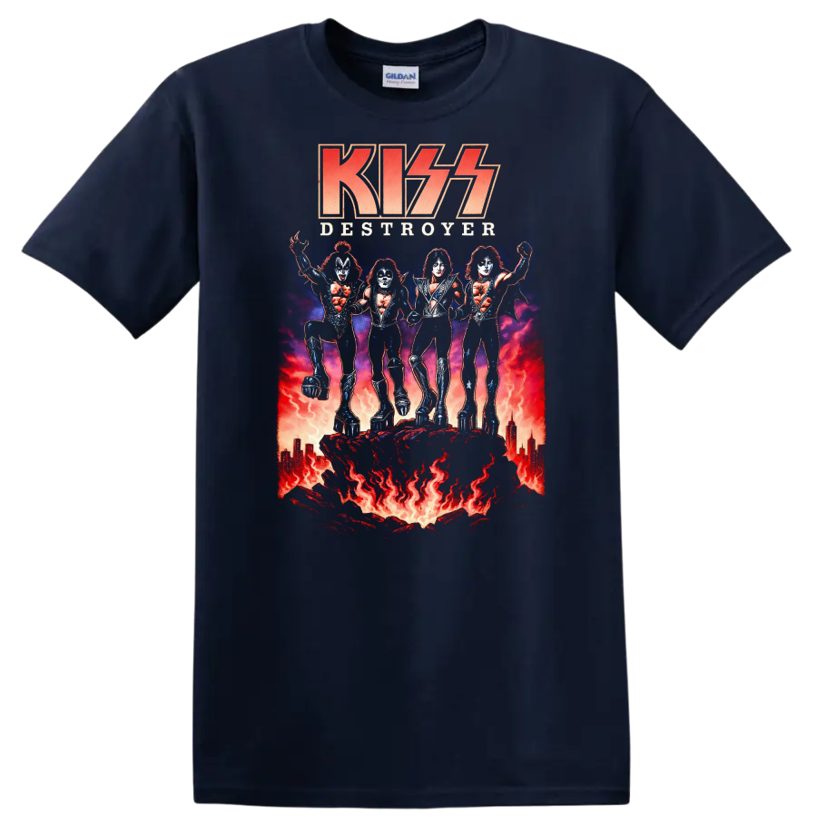 KISS Destroyer Retro Heavy Metal Album Cover Legend Style T Shirt - Navy (Blue)