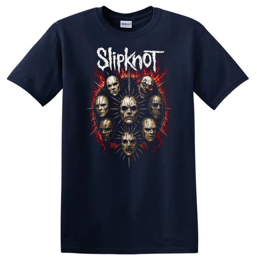 Retro Metal Skull Masks Heavy Rock Album Art T Shirt - Navy (Blue)