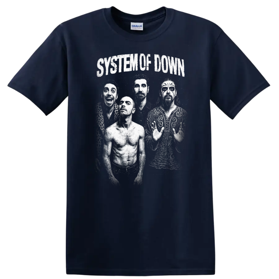 System Of Down Retro Rock Heavy Metal Band Album Cover Style T Shirt - Navy (Blue)