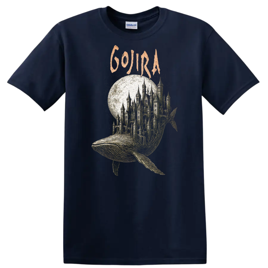 Retro Rock Whale Castle Heavy Metal Album Cover T Shirt - Navy (Blue)
