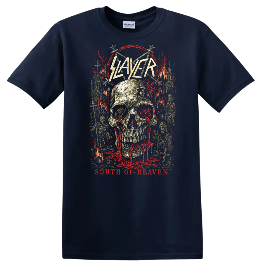 Slayer South of Heaven Retro Heavy Metal Skull T Shirt - Navy (Blue)