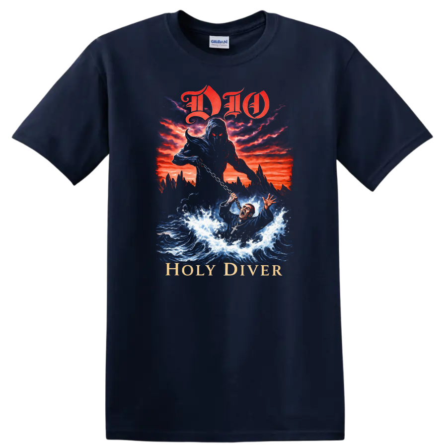 DIO Holy Diver Retro Heavy Metal Album Cover T Shirt - Navy (Blue)