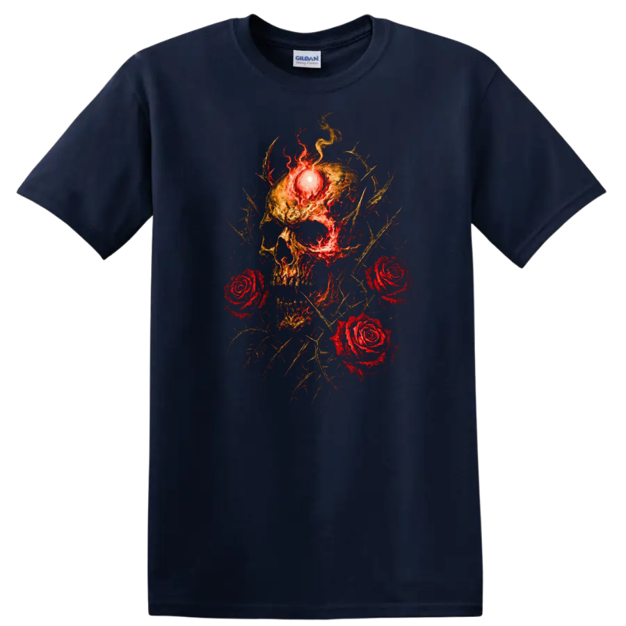 Retro Heavy Metal Skull Roses Fire T Shirt Dark Rock Band Cover Style - Navy (Blue)