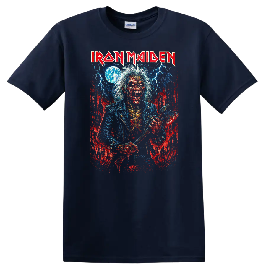 Iron Maiden Retro Heavy Metal Album Art Distressed T Shirt - Navy (Blue)