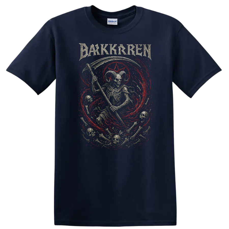 Dark Skren Retro Rock Heavy Metal Skull Album Style T Shirt - Navy (Blue)