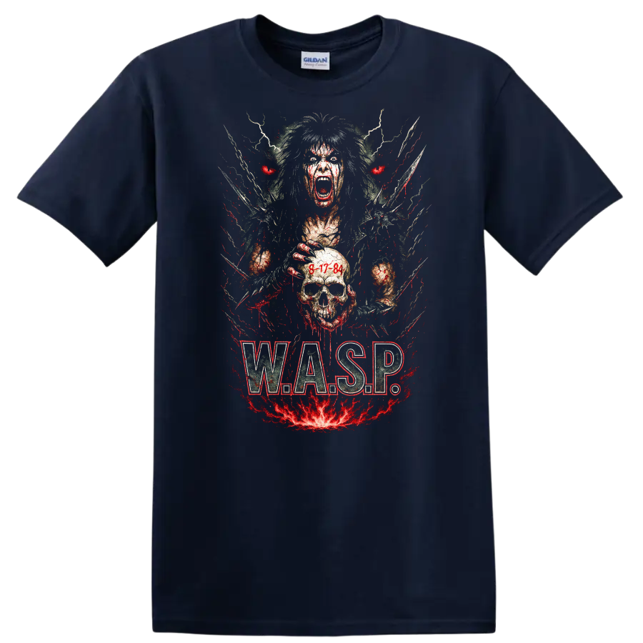 Retro Heavy Metal W.A.S.P. Skull Album Art T Shirt - Navy (Blue)