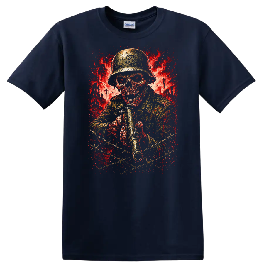 Retro Heavy Metal Skull Soldier Helmet T Shirt Red Explosion Graphic - Navy (Blue)