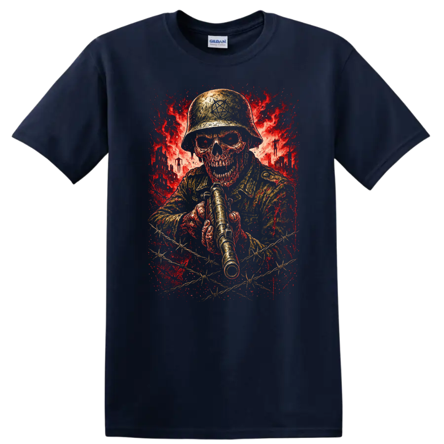 Vintage Classic Rock Album Cover Art T Shirt featuring a skull soldier on a Navy (Blue) T Shirt