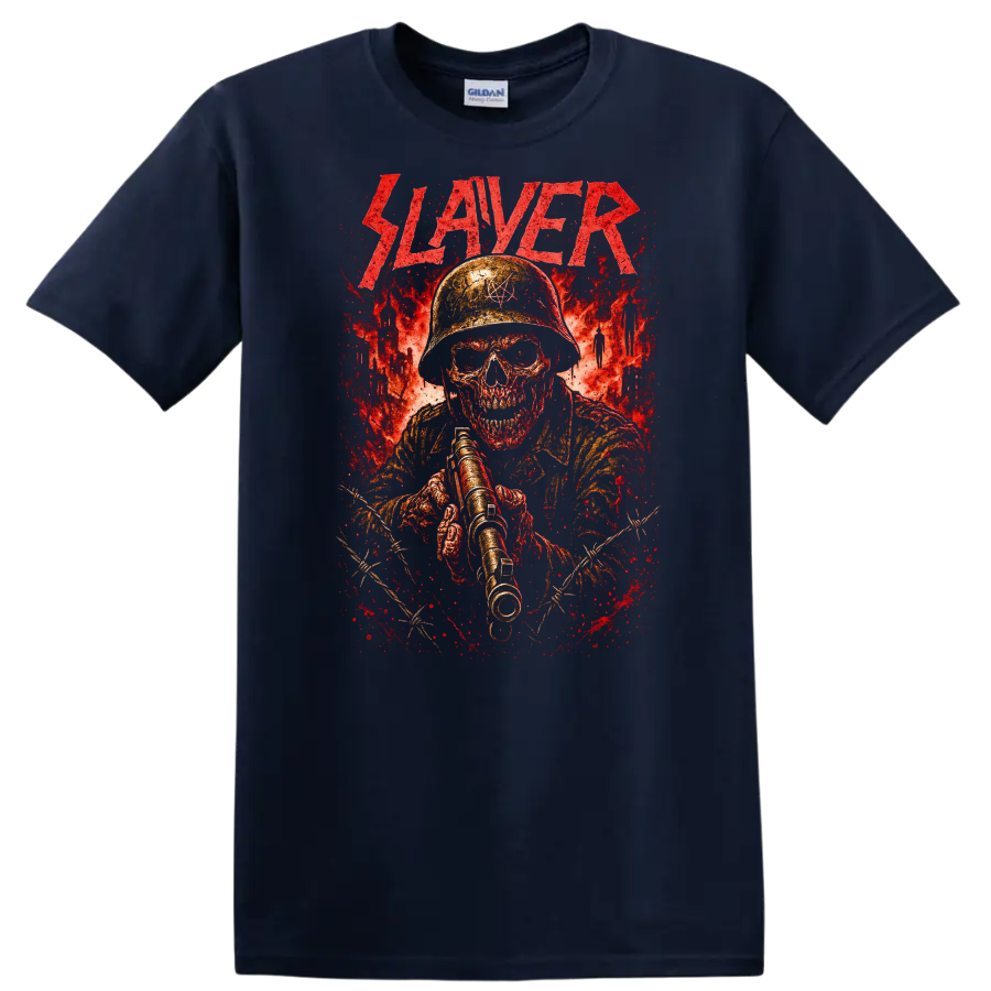 Retro Slayer Heavy Metal Skull Soldier T Shirt Album Cover Style - Navy (Blue)