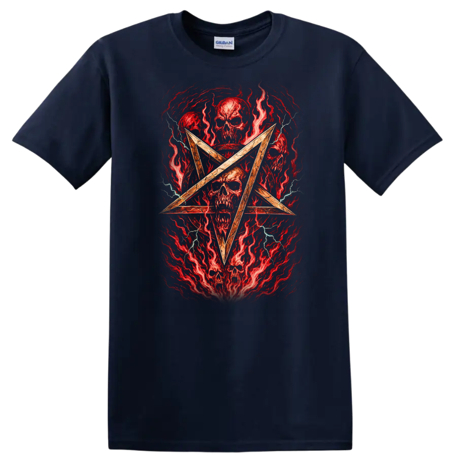 Retro Heavy Metal Skull Pentagram Album Cover Style T Shirt - Navy (Blue)