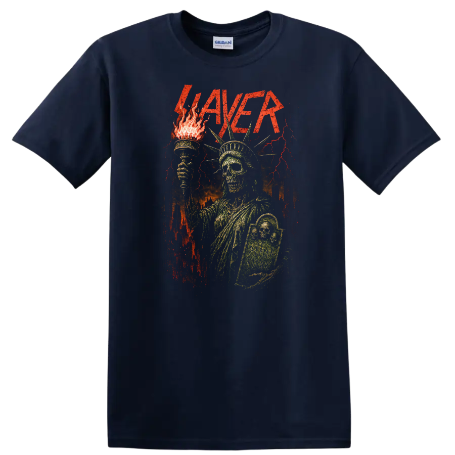 Retro Slayer Heavy Metal Album Art Skull Torch T Shirt - Navy (Blue)