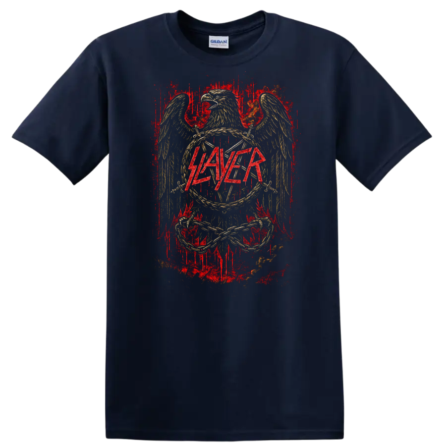 SLAYER Retro Heavy Metal Band Album Cover Style T Shirt - Navy (Blue)